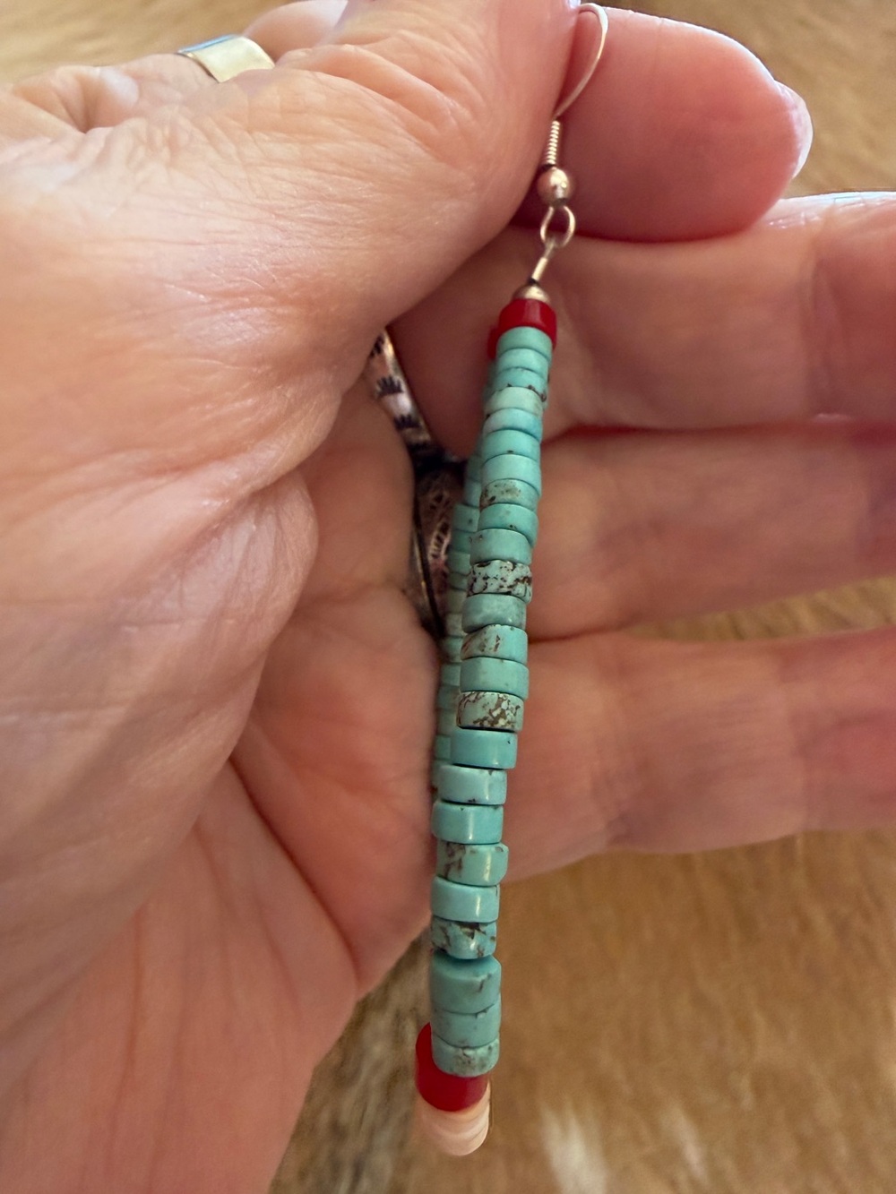 ❤️ Native American “S Duncan” Heishi Turquoise Coral Luhuanus Shell 925 Earrings - Picture 5 of 10